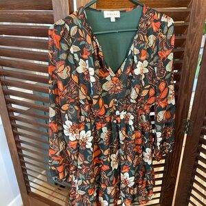 Gilli Floral Mini Dress Stitch Fix Green Orange Long Sleeve Small Petite